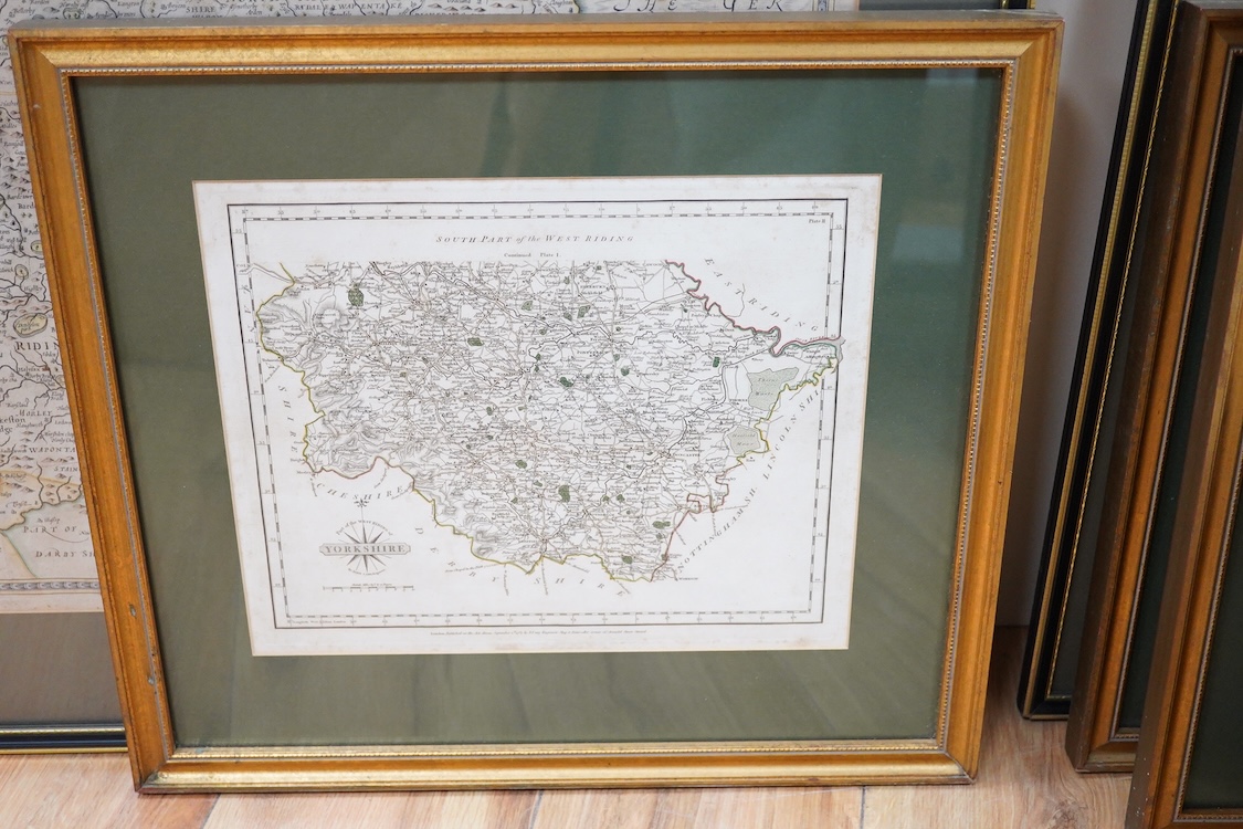 After John Speed (1552-1629), Antique hand coloured engraved map of Yorkshire, sold by Thomas Bassett in Fleet Street and Richard Chiswell in St. Paul's Churchyard, together with a similar example after Jan Jansson, and